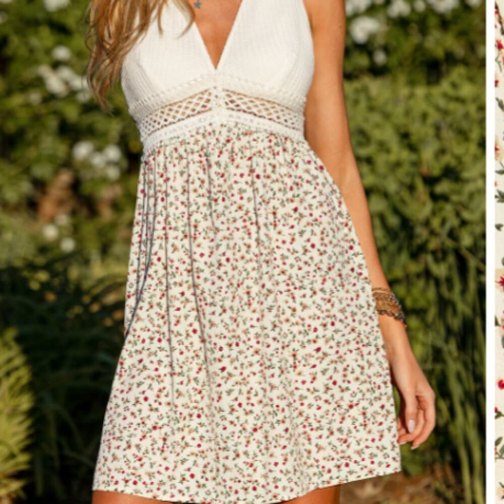 New Cupshe Daisy Whimsy Floral Mini Dress Size M Open Back Tie Cottagecore